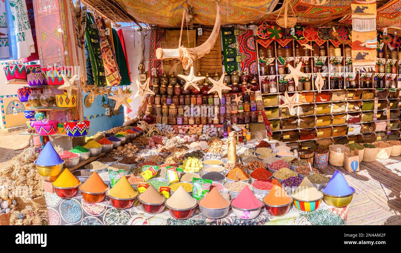 Aswan, Egypt; February 7, 2023 A typical Nubian market in Aswan