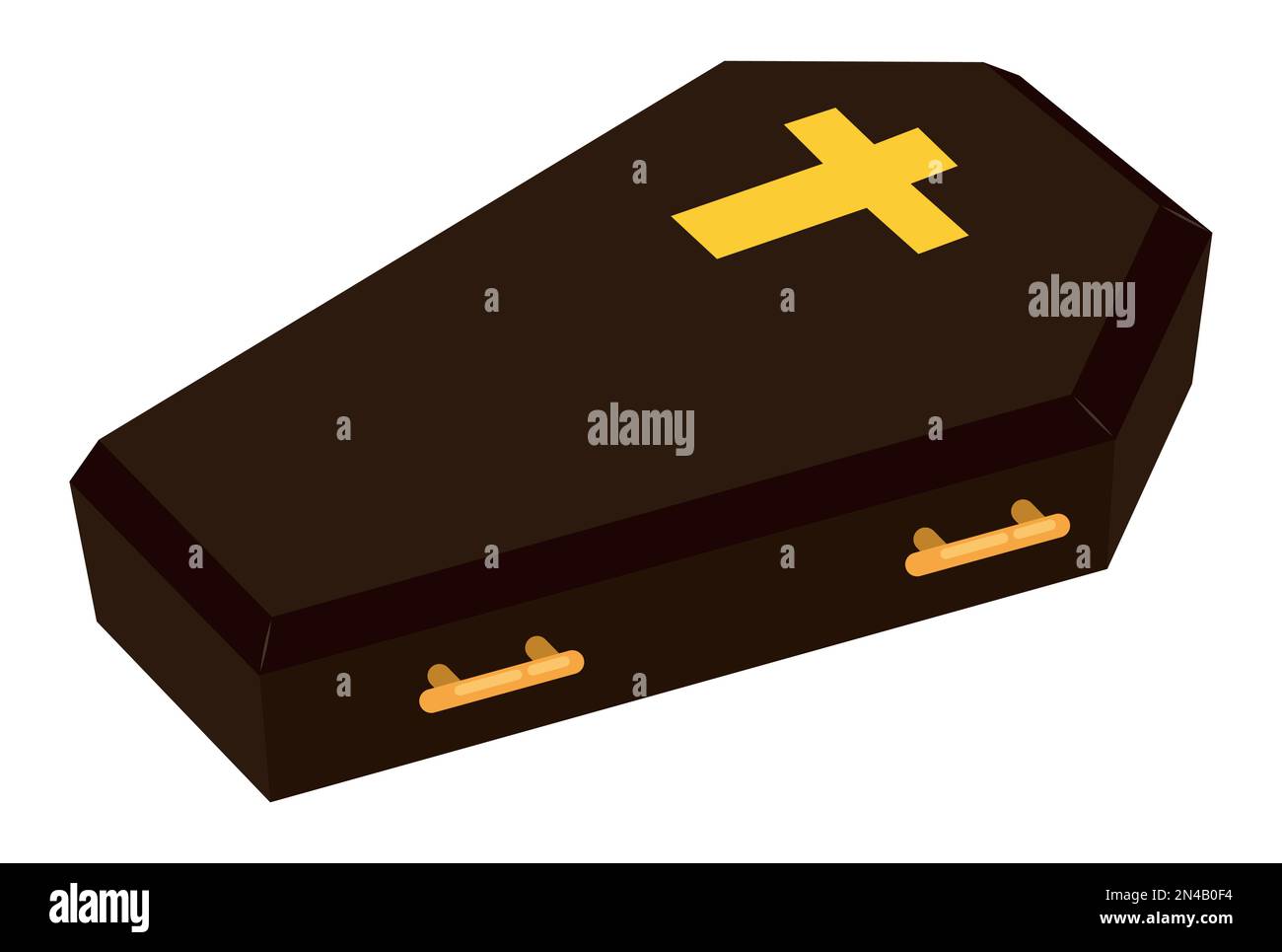 Design in flat style of dark brown coffin decorated with golden cross and handles over white background. Stock Vector