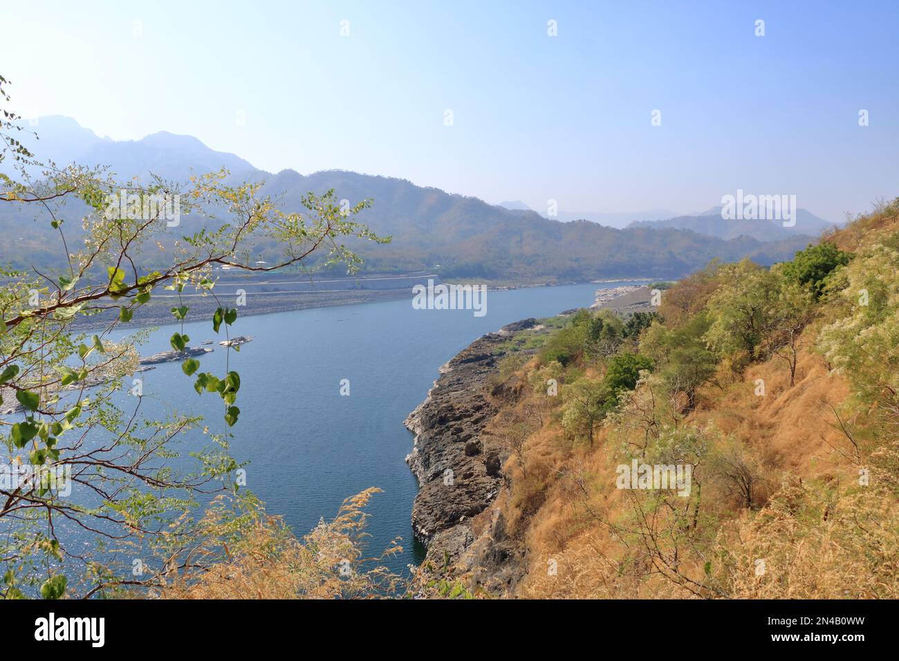 panoramic landscape view of beautiful river Narmada near the Statue of Unity in Gujarat in India
