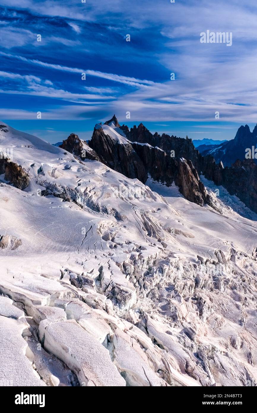 View of the slopes and crevasses of the upper part of the Géant Glacier ...