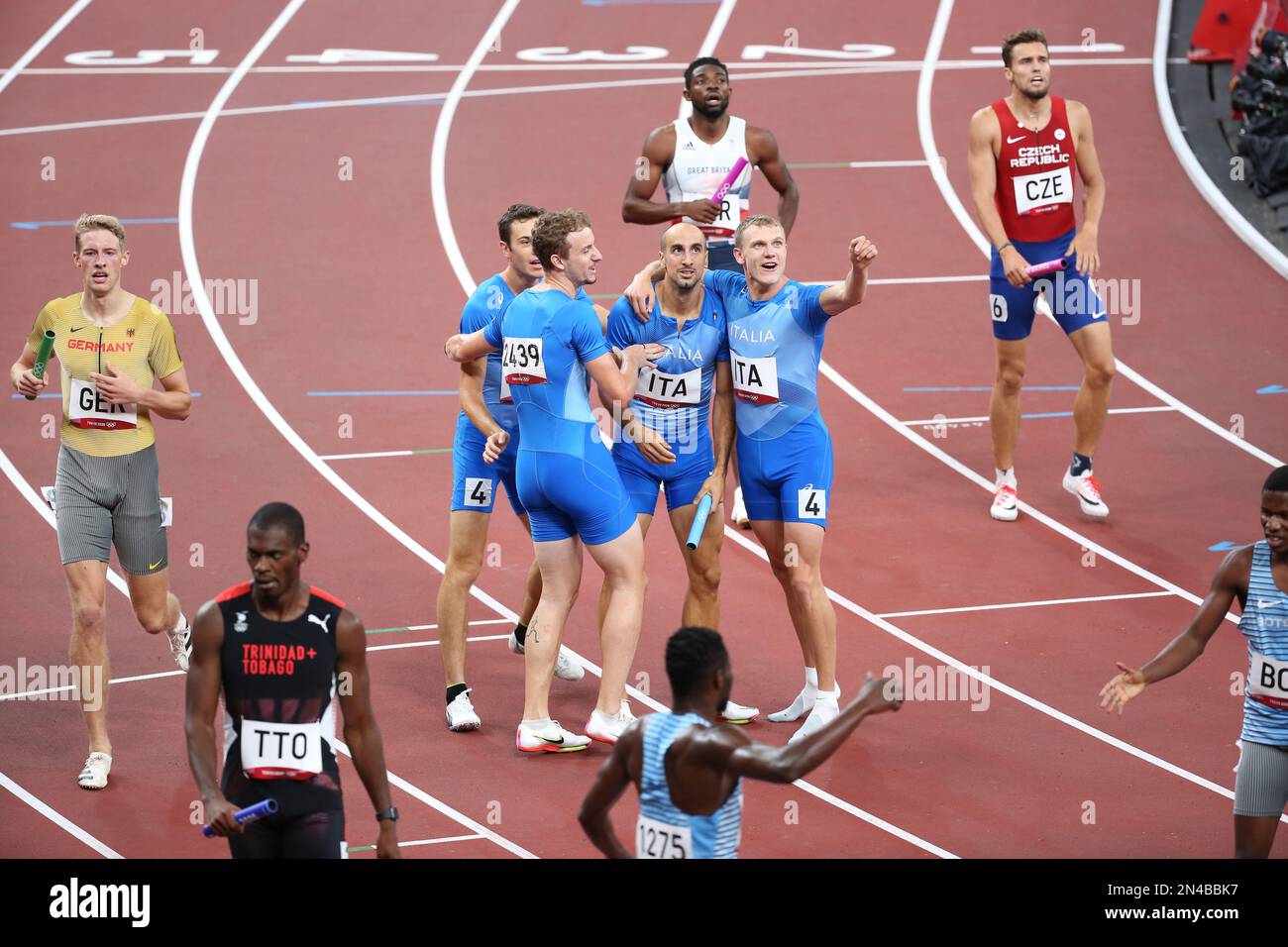 AUG 06, 2021 - Tokyo, Japan: Team Italy reacts to advancing in the Athletics Men's 4 x 400 Relay Final at the Tokyo 2020 Olympic Games (Photo: Mickael Stock Photo