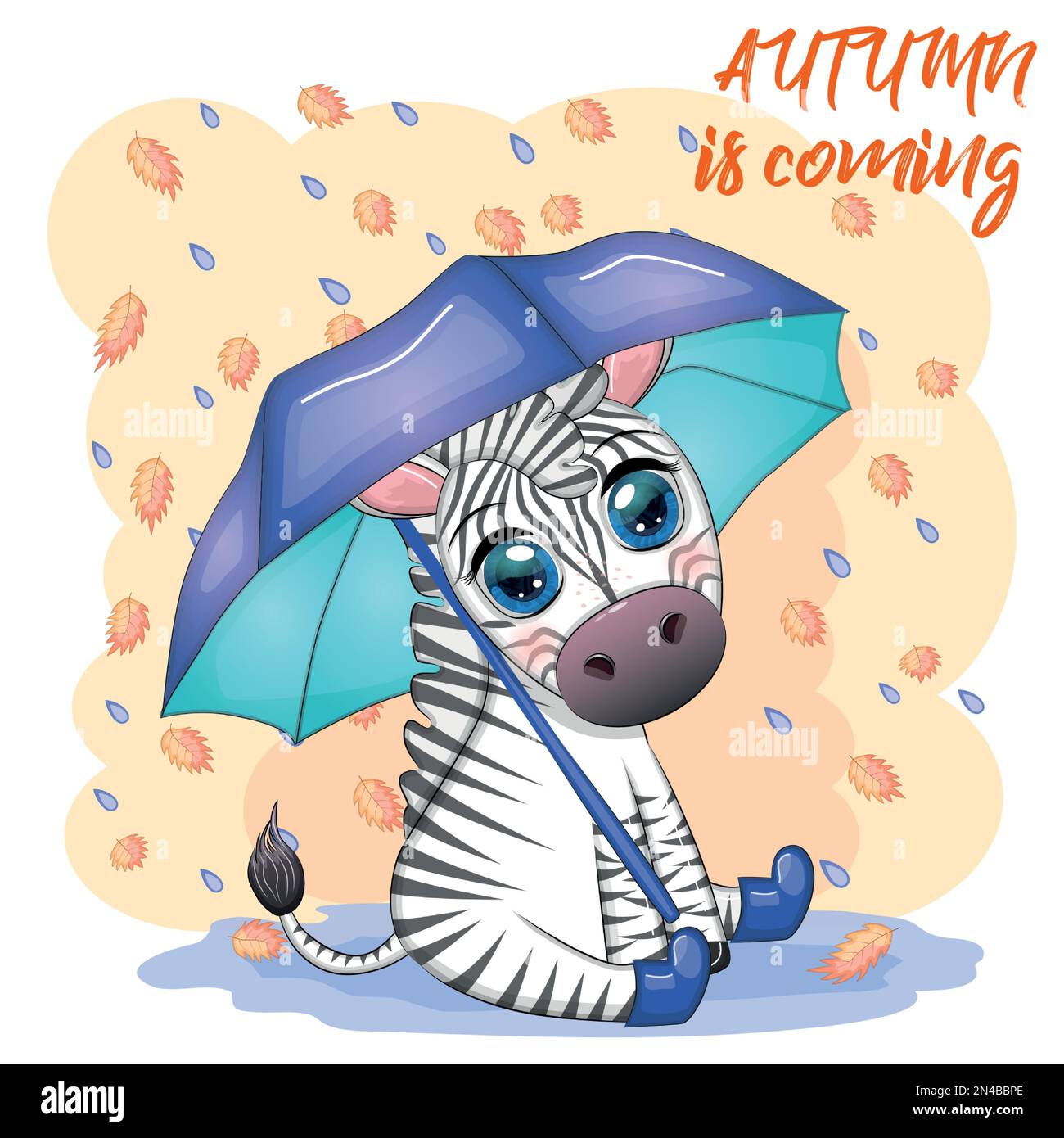 Striped zebra with umbrella, cute kid character. Autumn is coming, rain
