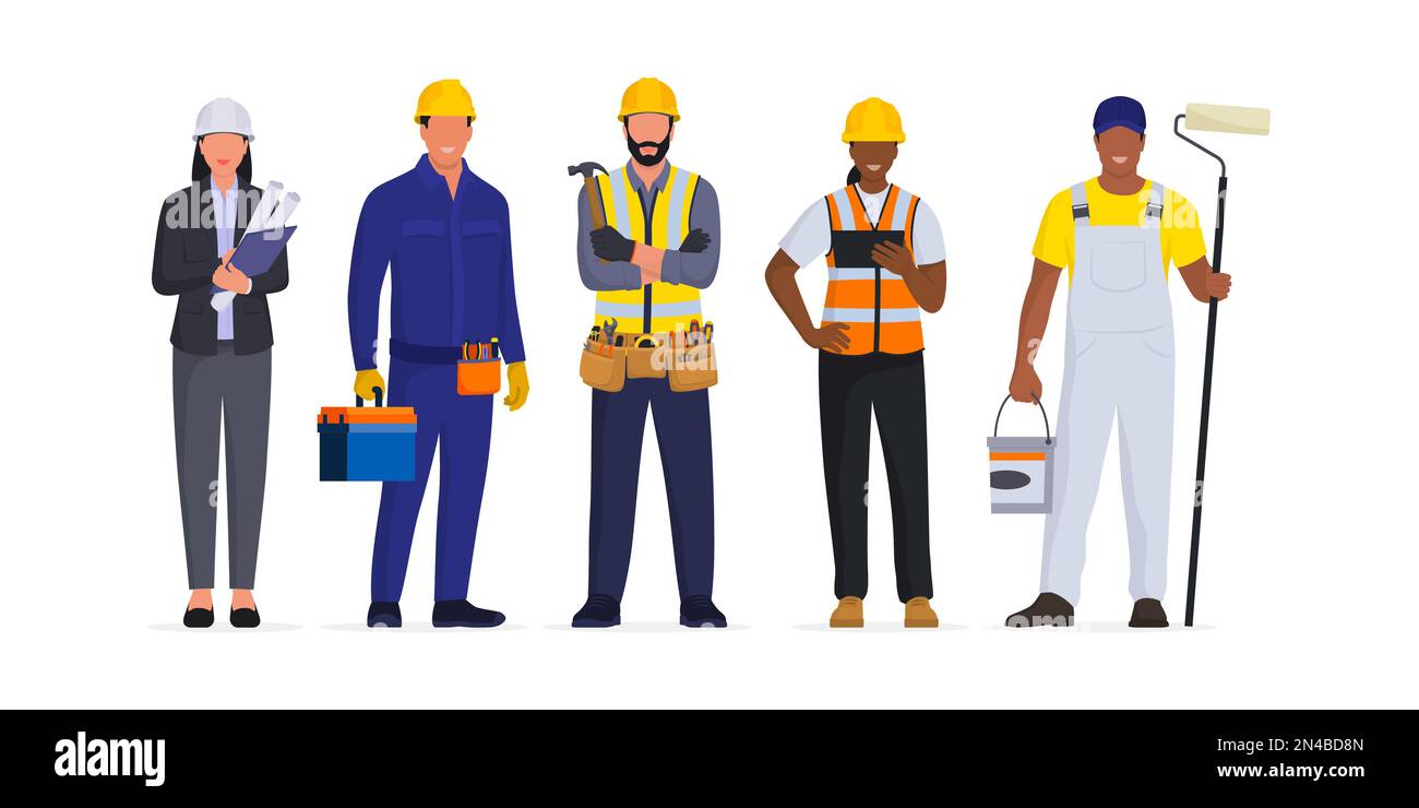 Home repair and construction services: architect and contractors standing together Stock Vector
