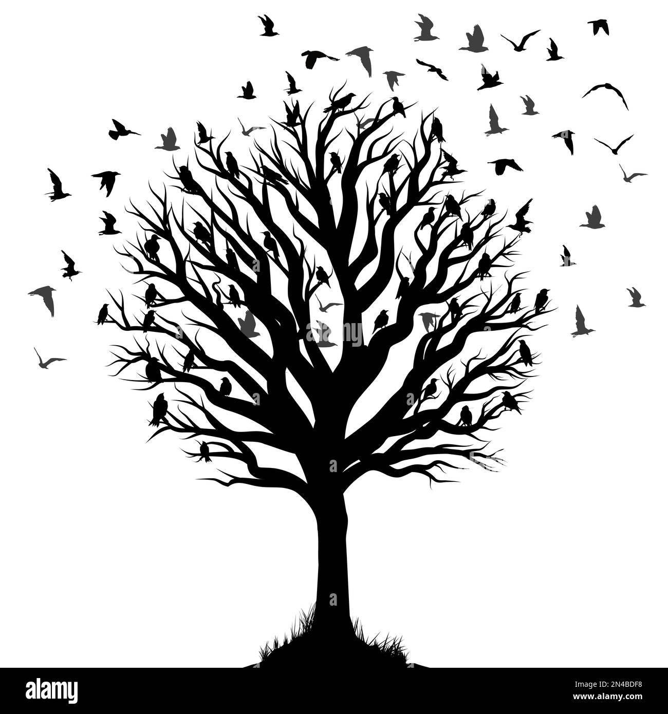 Abstract tree silhouette with flock of birds flying Stock Vector Image ...