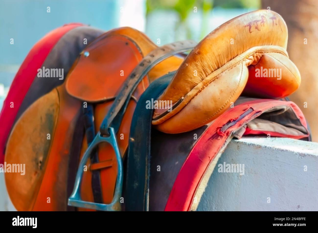 A saddle for riding a horse. Stock Photo