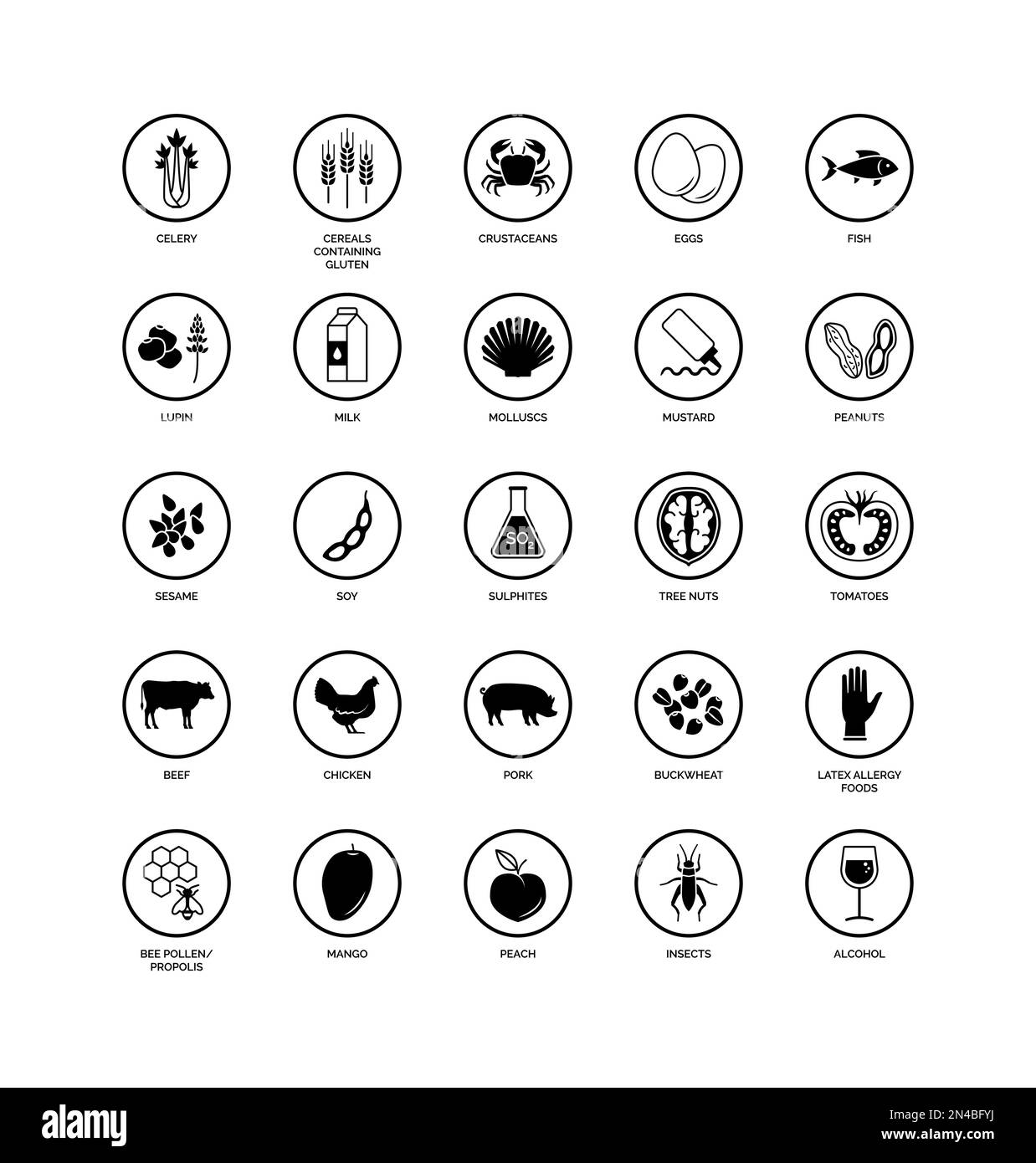 Food allergens and ingredients icon set, food label and packaging