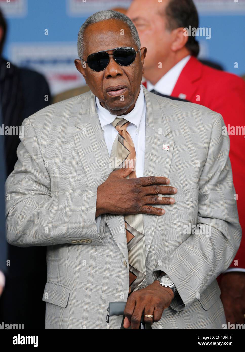 National Baseball Hall of Famer Hank Aaron is seen on stage during an induction ceremony at the