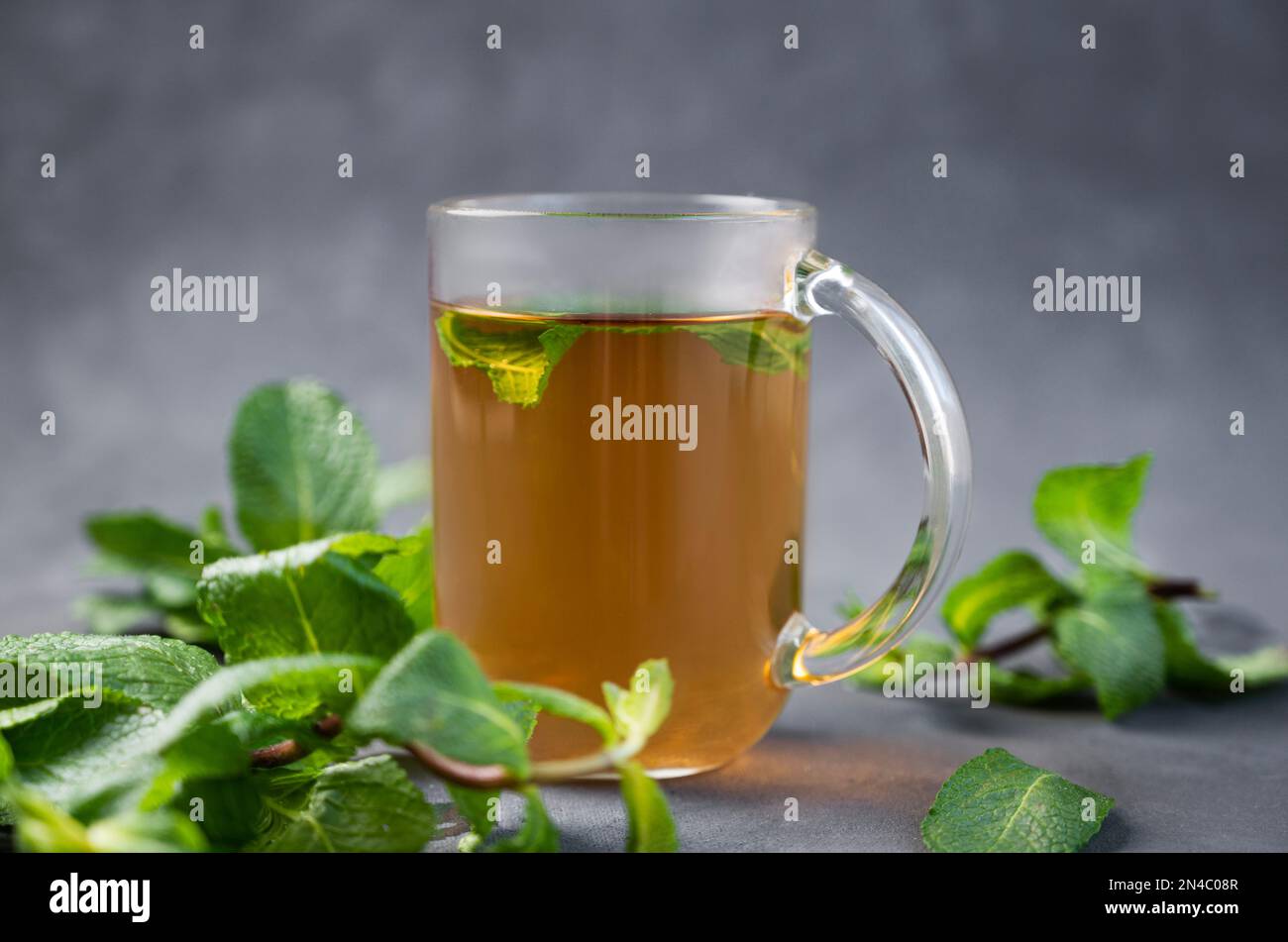 Aroma a glass of herbal tea with mint on a dark background close up. The concept of a healthy breakfast drink for immunity and vigor. Front view and f Stock Photo