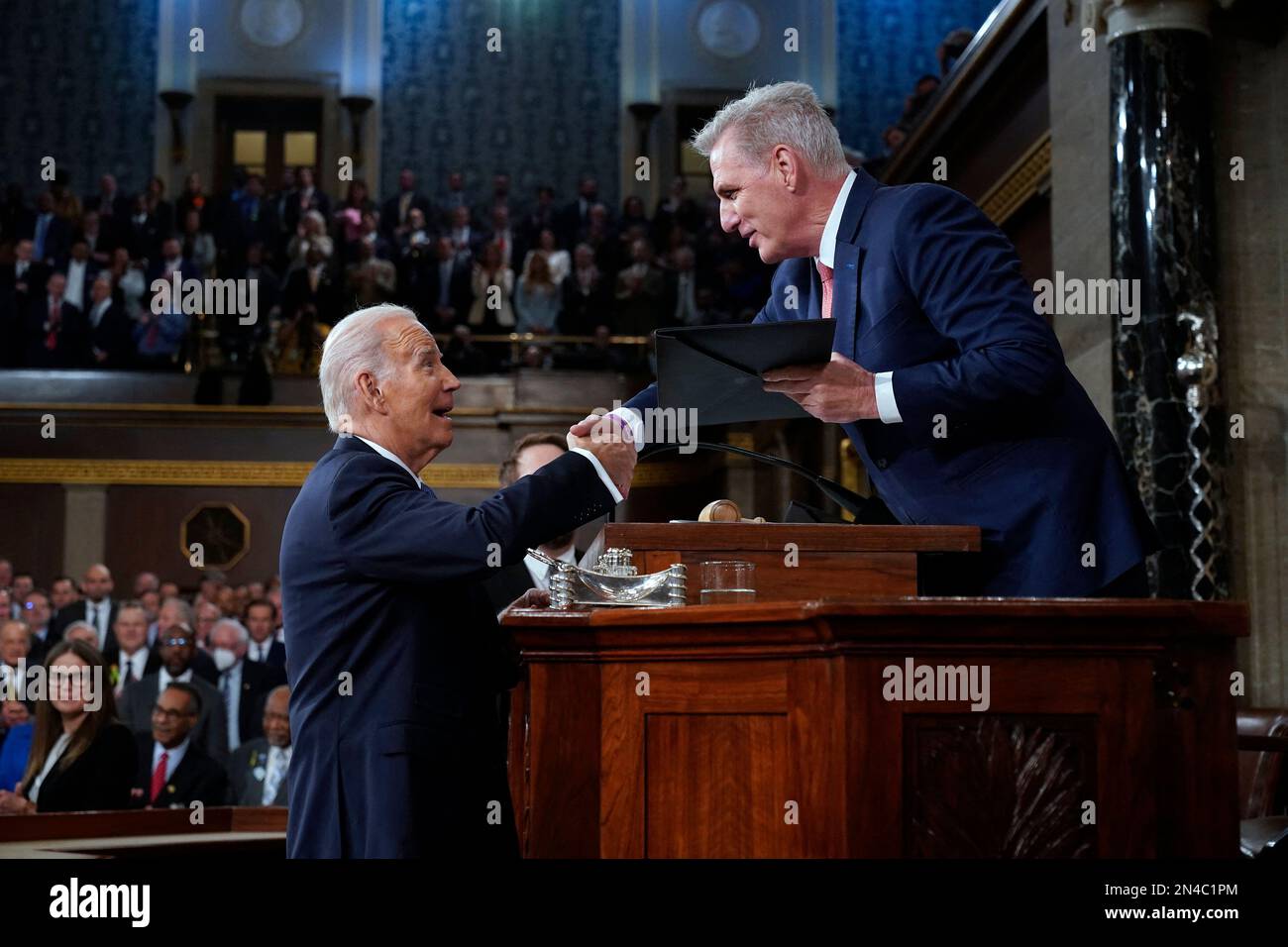 President Joe Biden shakes hands as he presents a copy of his speech to House Speaker Kevin McCarthy of Calif., before he delivers his State of the Union address to a joint session of Congress, at the Capitol in Washington, Tuesday, Feb. 7, 2023. Photo by Jacquelyn Martin/Pool/ABACAPRESS.COM Stock Photo
