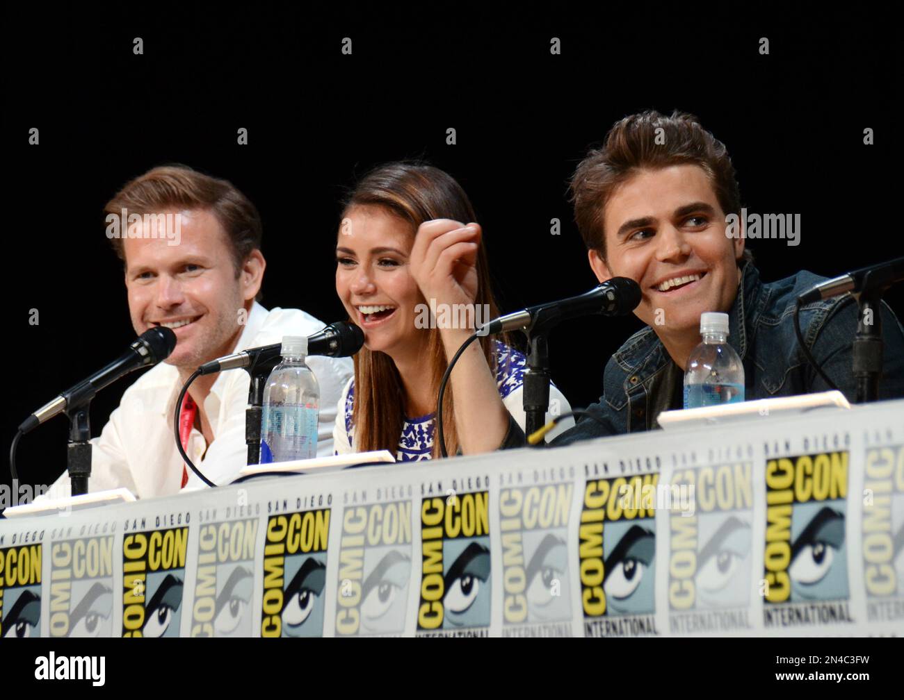 Matthew Davis, and from left, Nina Dobrev and Paul Wesley attend the "Vampire Diaries" panel on