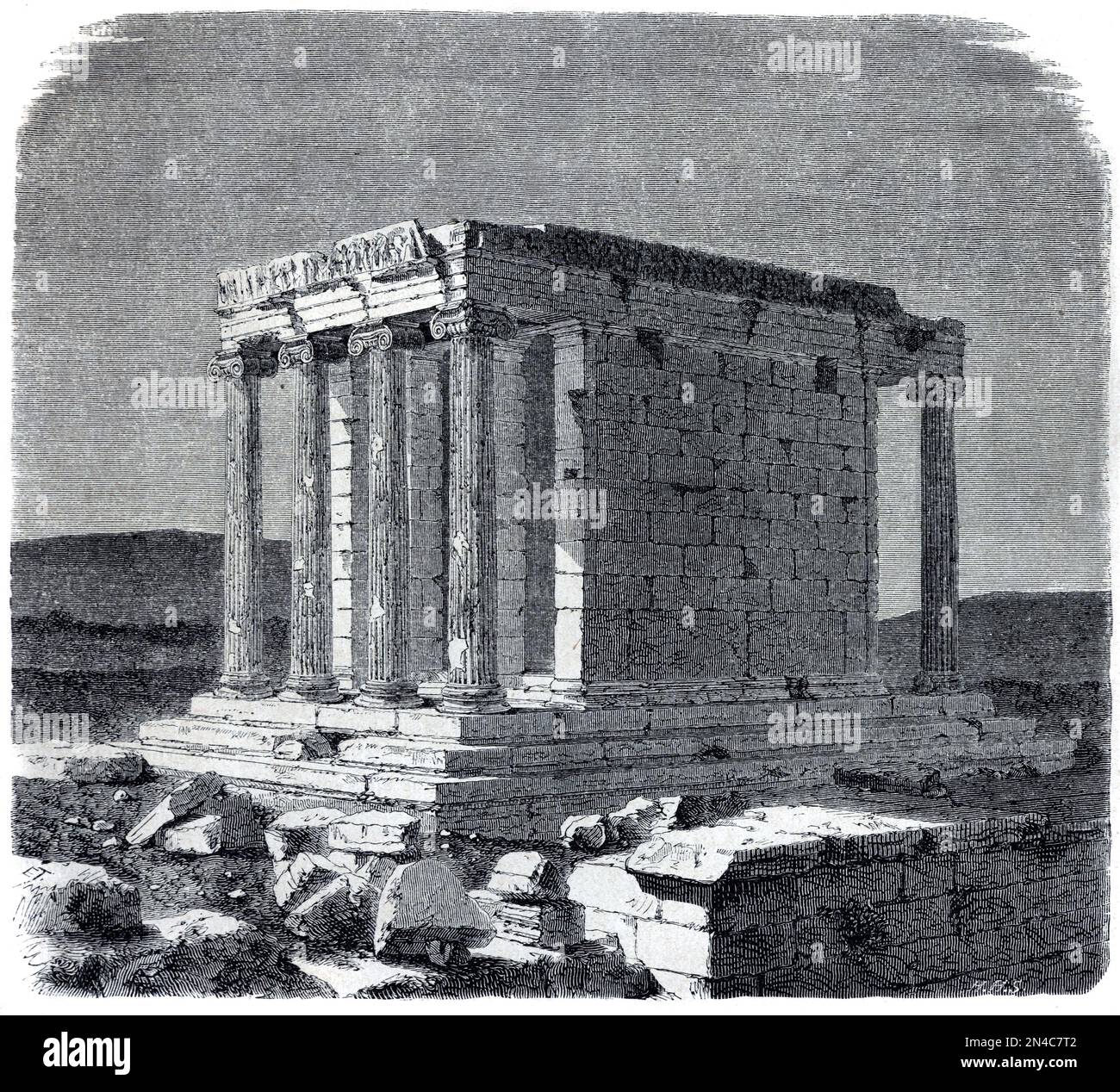 Temple of Athena Nike (420BC) ionic temple on the Acropolis of Athens, dedicated to Athena and Nike, Athens Greece. Vintage Engraving or Illustration 1862 Stock Photo