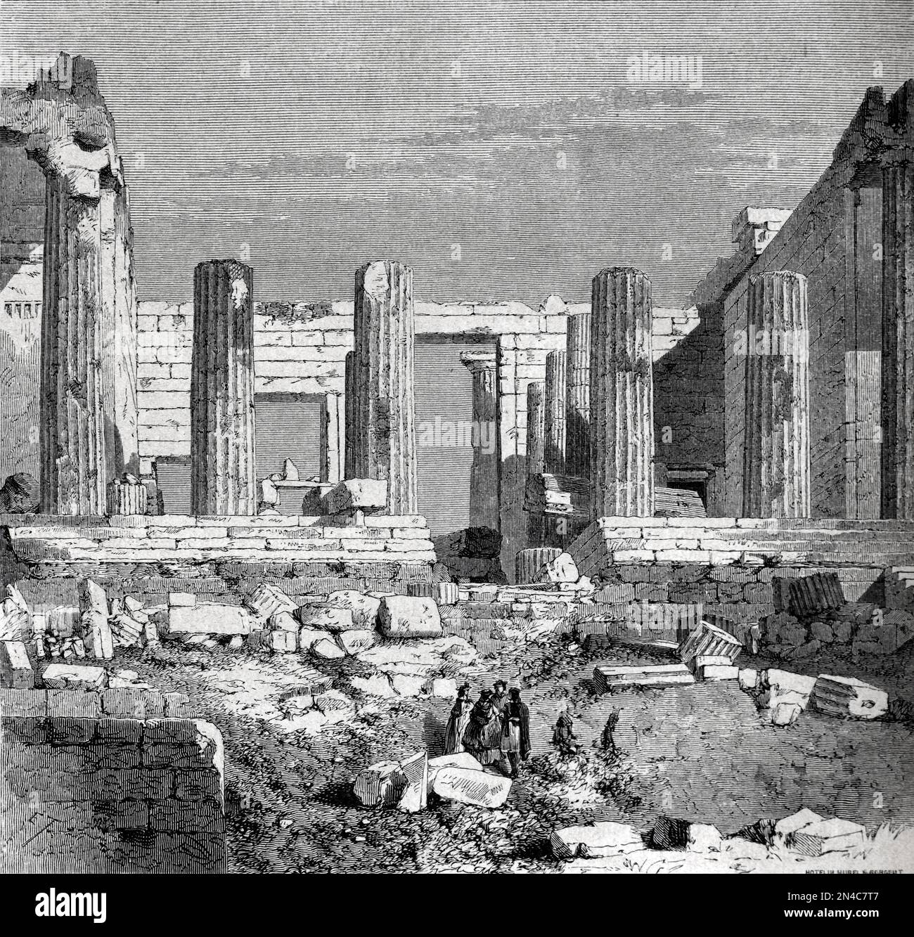 Propylaea (437-432BC) Classical Greek Doric Building and Monumental Ceremonial Gateway to the Acropolis Athens Greece. Vintage Engraving or Illustration 1862 Stock Photo