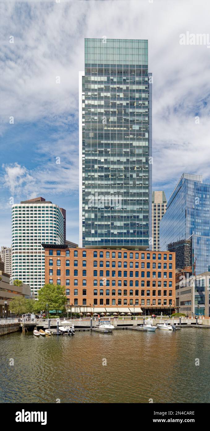 Boston Fort Point Channel: Atlantic Wharf is a complex of office tower built atop three historic commercial buildings converted to residential/retail. Stock Photo