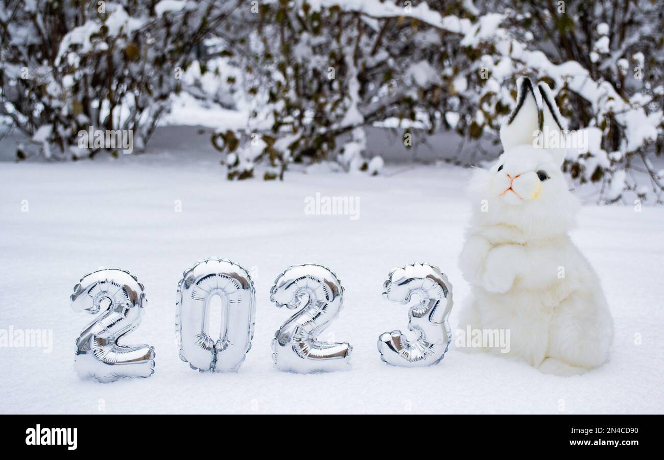 White cute and fluffy bunny toy with silver numbers 2023 on the white snow forest background. Copy space. Symbol of Chinese New Year 2023. Stock Photo