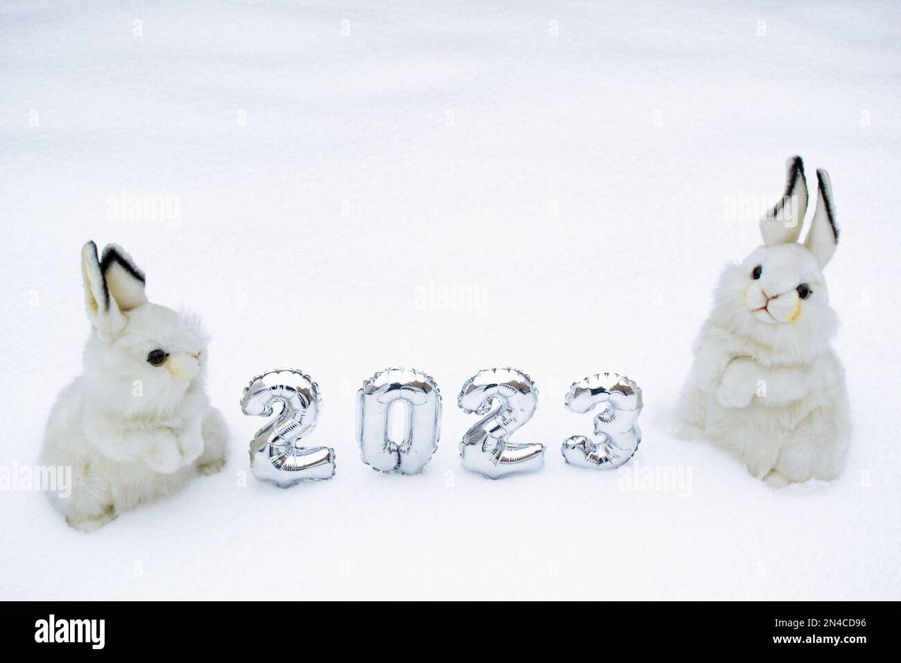 Two white cute and fluffy bunny toys with silver numbers 2023 on the white snow background. Copy space. Symbol of Chinese New Year 2023. Stock Photo