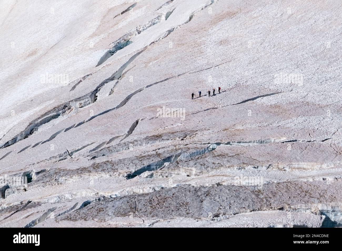 Aerial view of alpinists crossing the upper part of the Géant Glacier ...