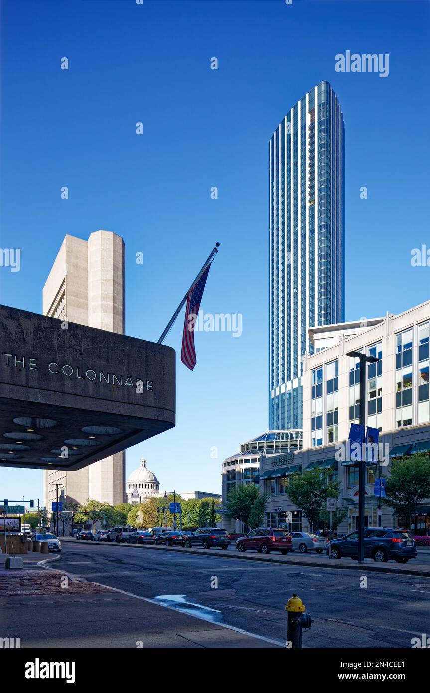 Boston Back Bay: Belvidere/Dalton Towers, One Dalton, is Boston’s third-tallest building. The blue glass tower contains a hotel and condo apartments. Stock Photo