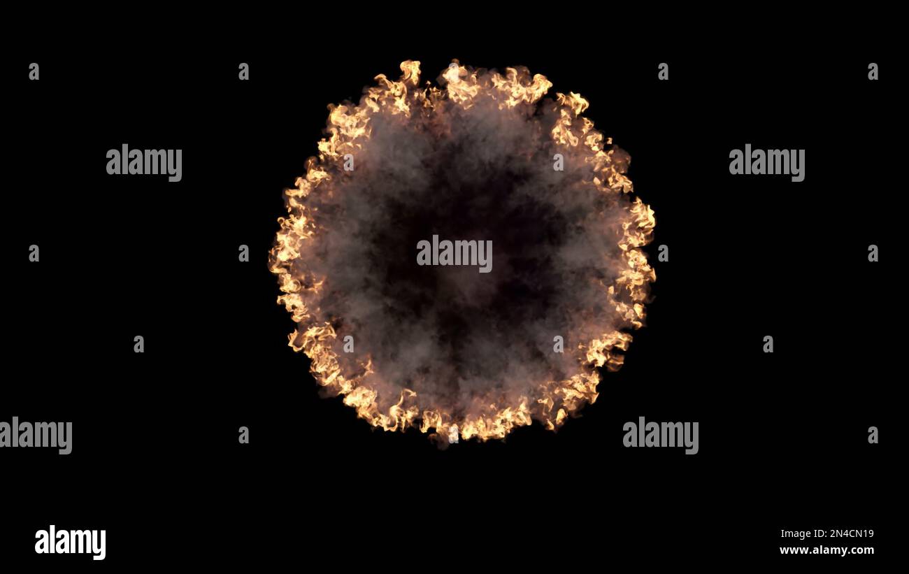 3D rendering of a series of spectacular shock waves coming from an explosion isolated on a black background. Top view of abstract smoke and energy wav Stock Photo