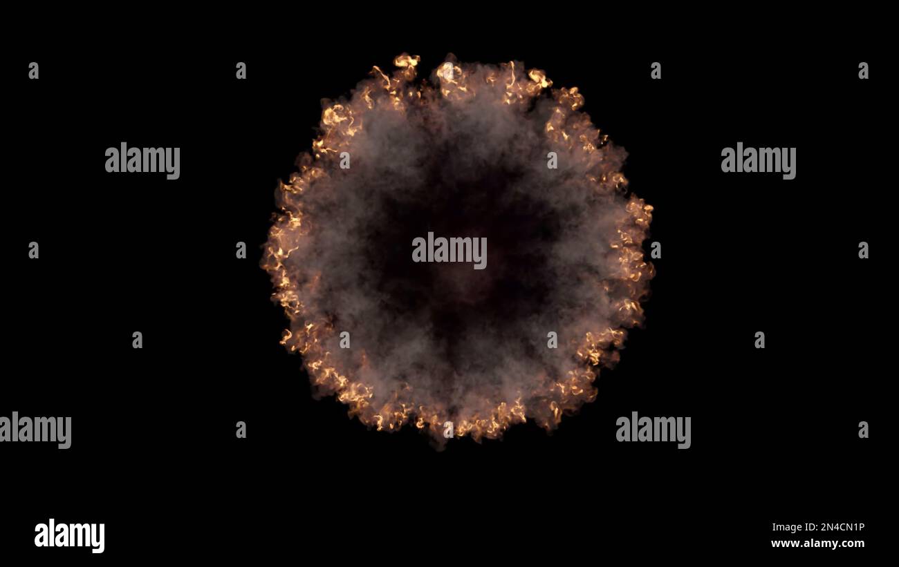 3D rendering of a series of spectacular shock waves coming from an explosion isolated on a black background. Top view of abstract smoke and energy wav Stock Photo
