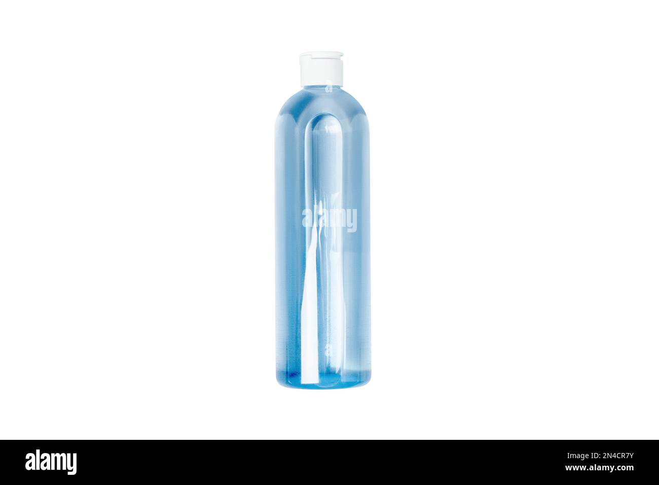 Cosmetic bottle with blue tonic, water, liquid. Isolated on a white background. View from above Stock Photo