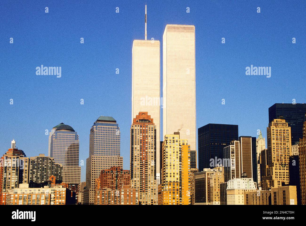 World Trade Center or Twin Towers before 9/11. New York City downtown buildings on Lower Manhattan skyline before September 2001 attack 1970's Stock Photo