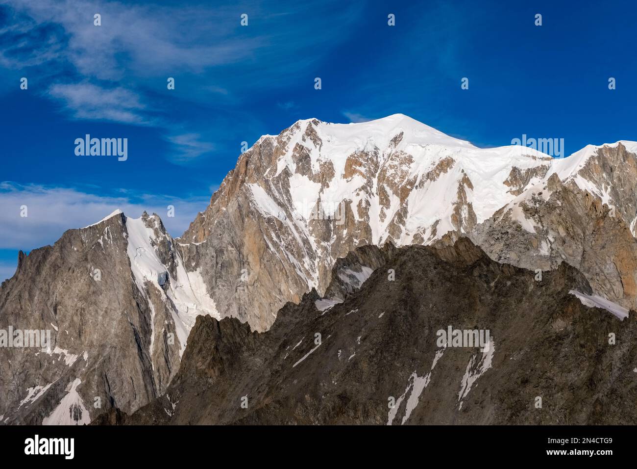 View of the summit of Mont Blanc from Pointe Helbronner. Stock Photo
