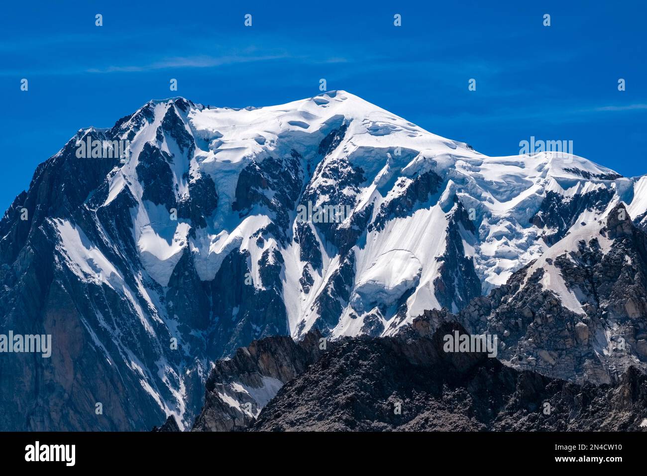 View of the summit of Mont Blanc from Pointe Helbronner. Stock Photo