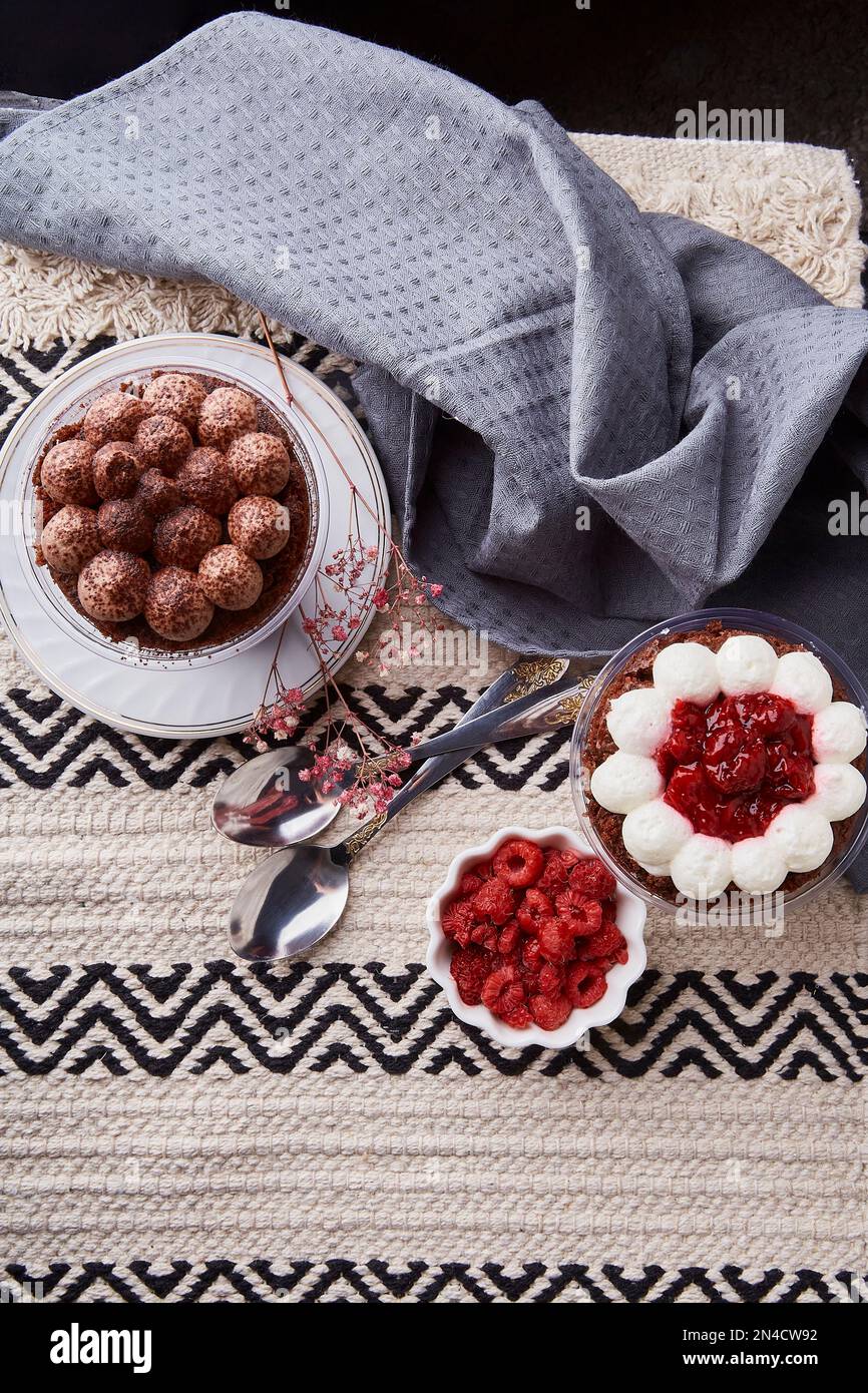 Trendy no baking, gluten free raspberry, cherry desserts flat lay ...