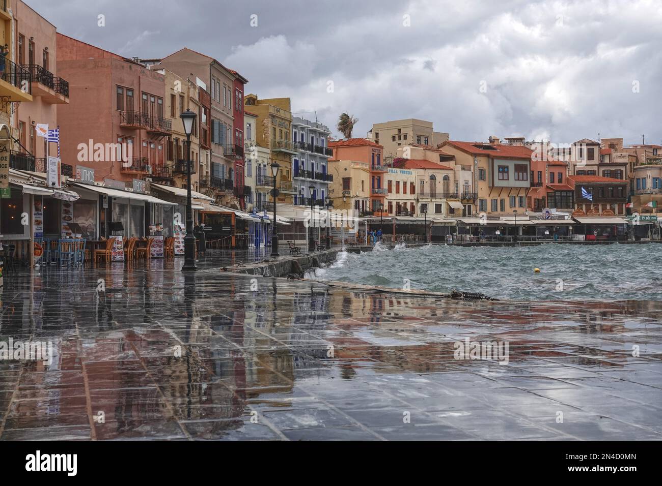 The Venetian harbour of Chania old town in Crete, Greece, after a heavy storm Stock Photo