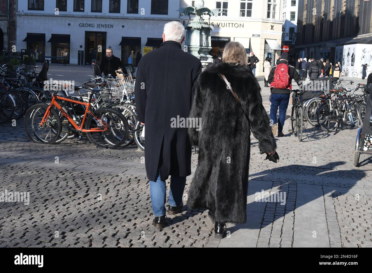 Copenhagen/Denmark/08 February 2023/ Rich senior citizen walk holding hand  in danish capital.  (Photo. Francis Joseph Dean/Dean Pictures) Stock Photo