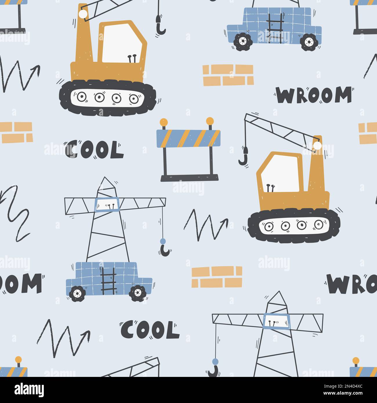 Cute children's seamless pattern with trucks and diggers in ...