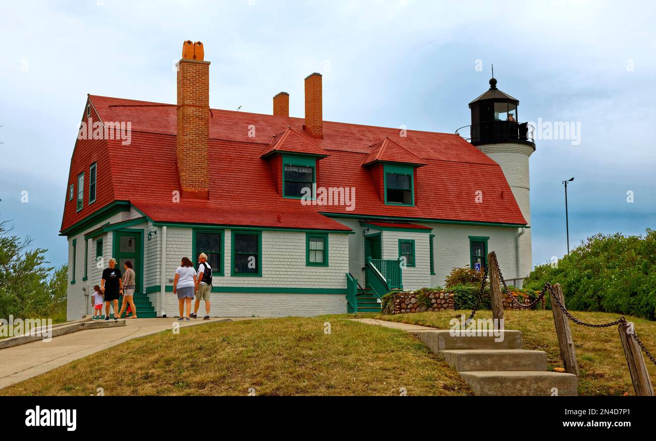 Point Betsie Lighthouse; 1858; aid to navigation; beacon, white, black top, people, keeper's house, red roof, National Register of Historic Places; Mi Stock Photo