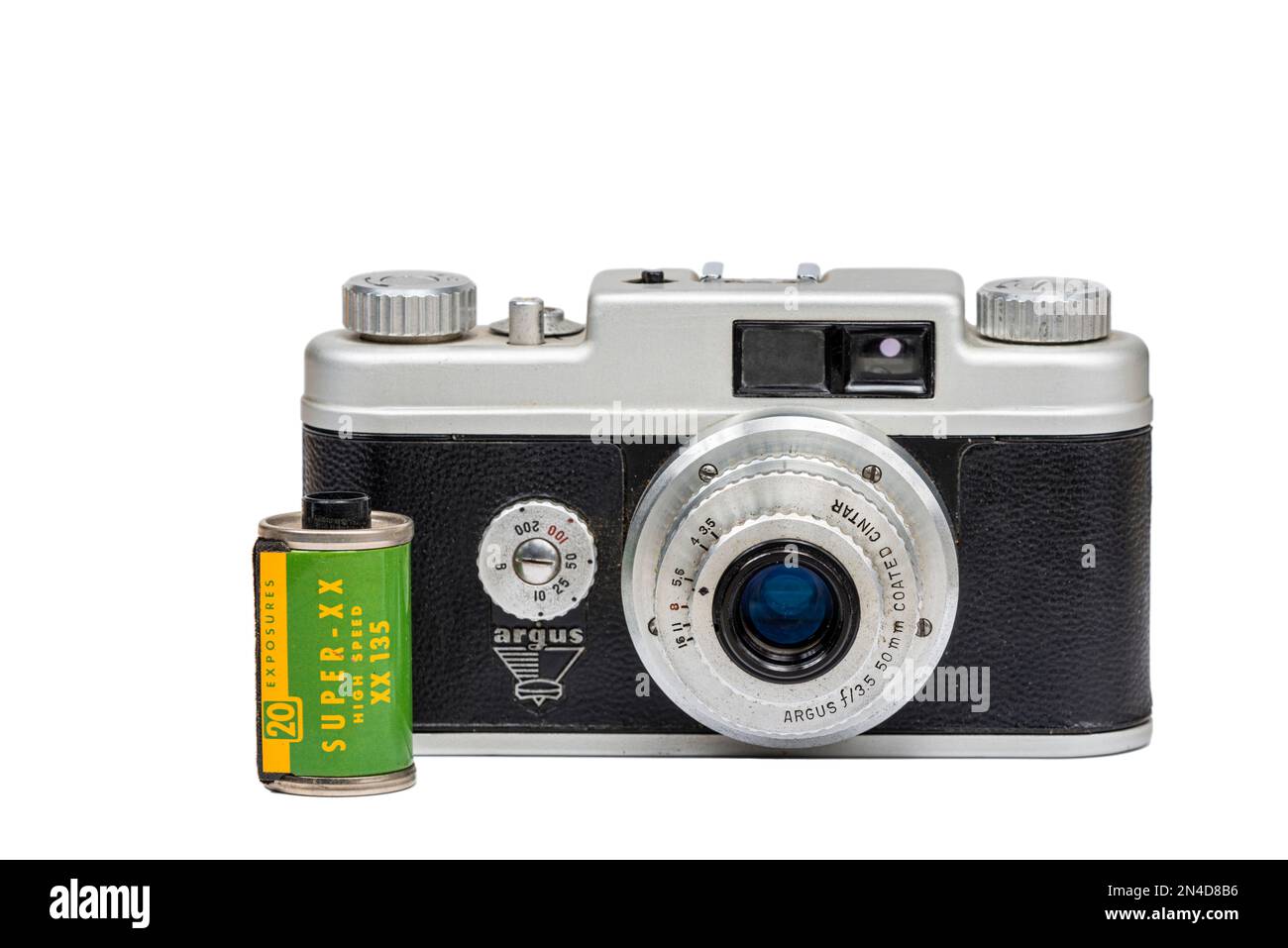 Maryville, Tennessee - February 2, 2023: A 1950s era Argus camera with a roll of Kodak black & white film from the same time period. Stock Photo