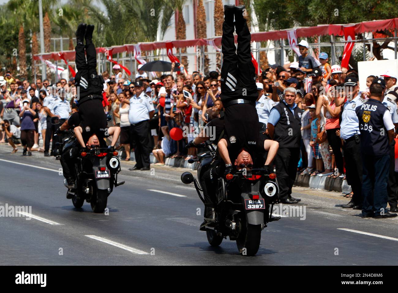 Turkish Cypriot police officers shows their skills on motorcycles