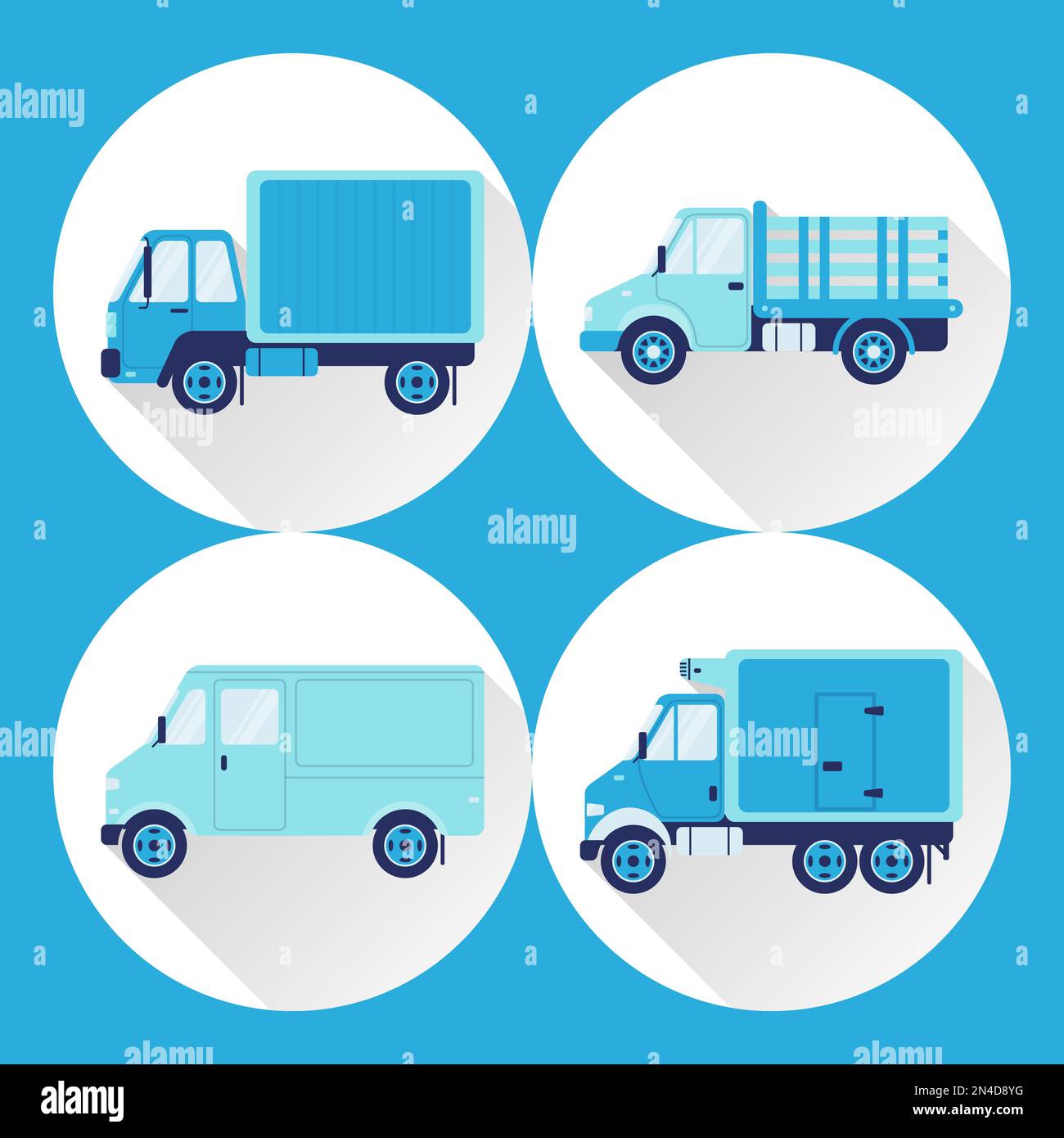 Set of truck icons in flat style with long shadow. Collection of cargo vehicle symbols on round layer. Stock Vector