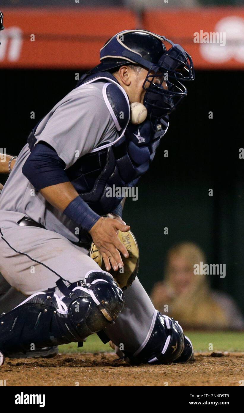 Seattle Mariners catcher Jesus Sucre is hit by a pitch after it bounced