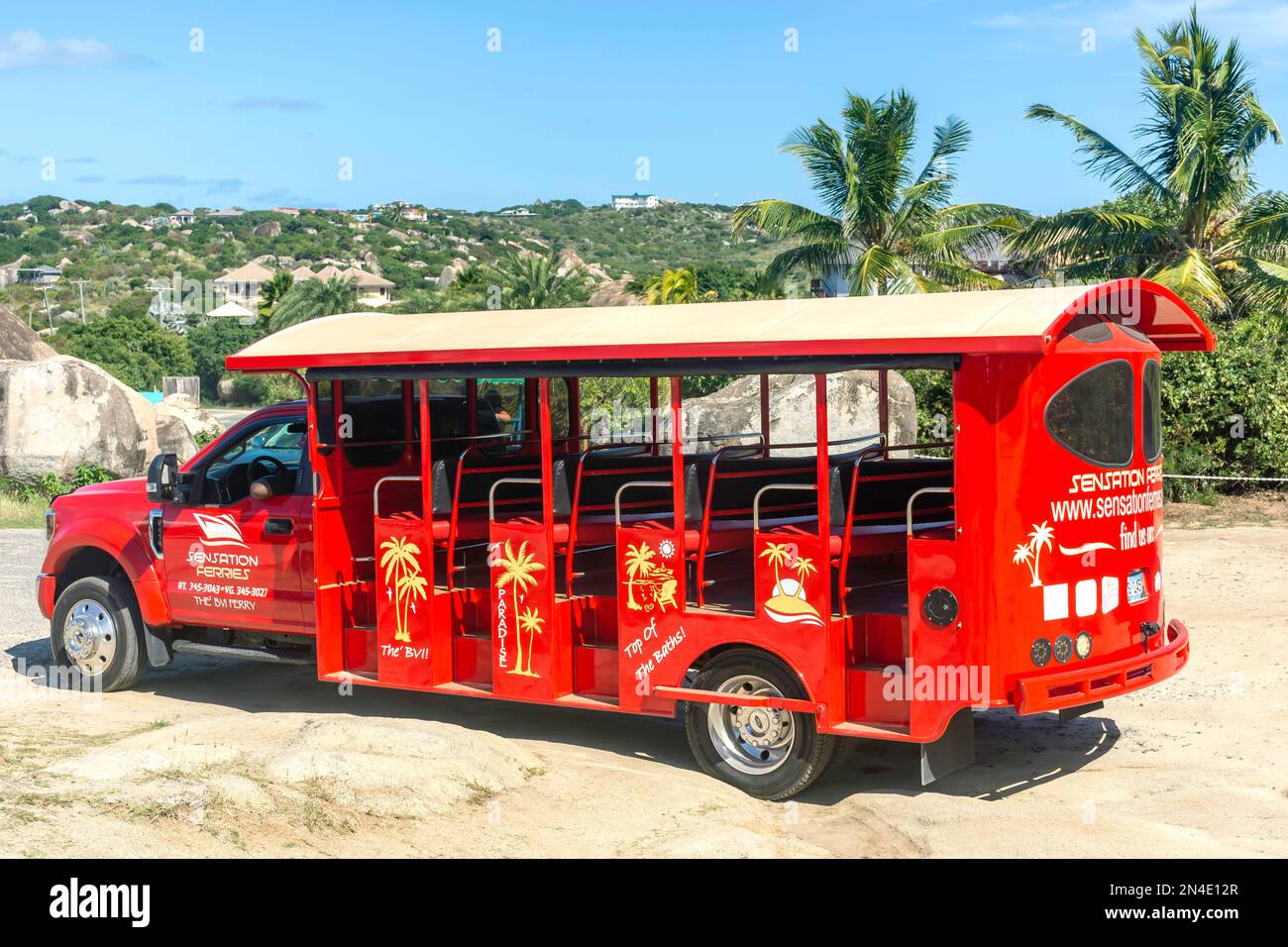 Beach buggy transport to The Baths National Park, Virgin Gorda, The British Virgin Islands (BVI), Lesser Antilles, Caribbean Stock Photo