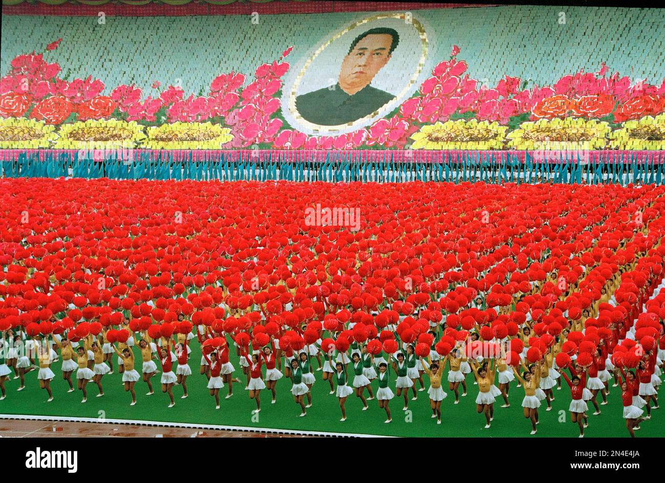 A huge portrait of North Korean President Kim Il Sung is drawn in the ...