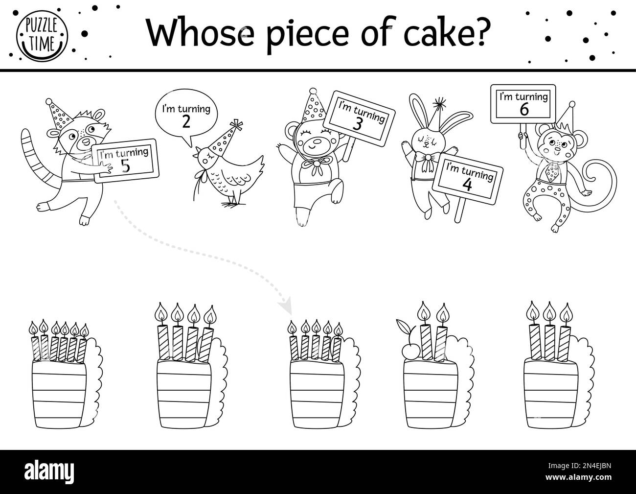 Birthday black and white matching activity for children. Fun outline puzzle with cute animals in party hats and cakes with candles. Holiday line game, Stock Vector