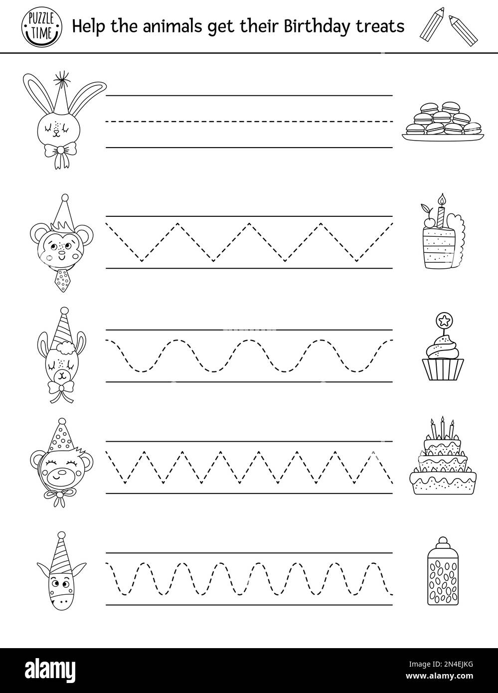 Vector Birthday party handwriting practice worksheet with cute animals and desserts. Holiday printable black and white activity for pre-school childre Stock Vector