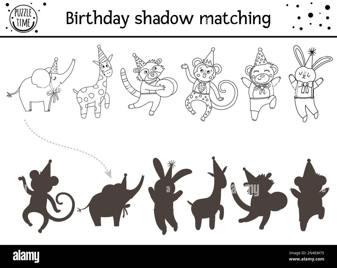 Birthday black and white shadow matching activity for children. Fun outline puzzle with cute animals in party hats. Holiday line educational game for Stock Vector