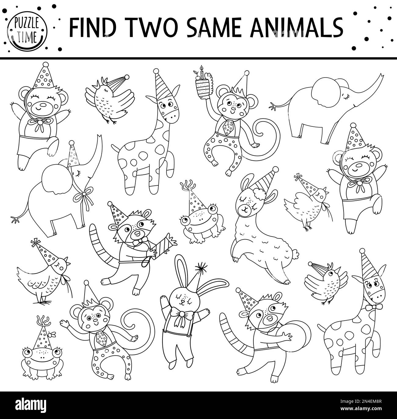 Find two same animals. Holiday black and white matching activity for children. Funny educational outline Birthday logical quiz worksheet for kids. Sim Stock Vector