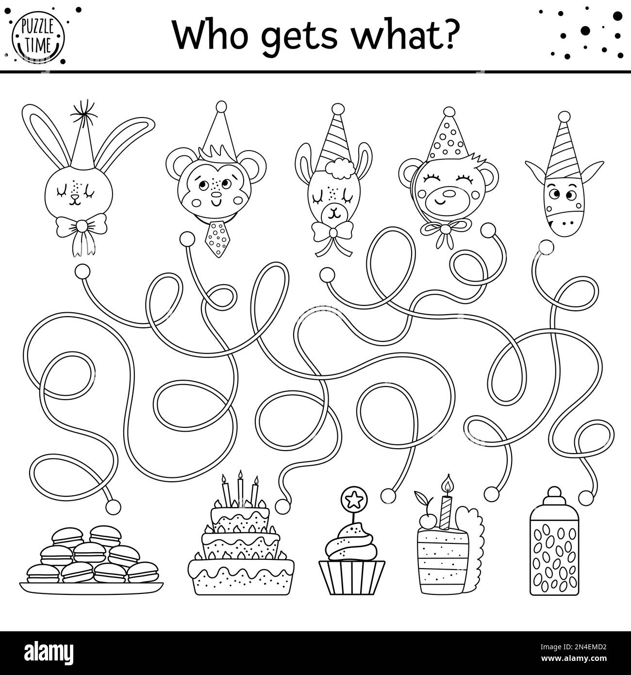 Birthday black and white maze for children. Holiday preschool printable outline educational activity. Funny line b-day party game or puzzle with cute Stock Vector