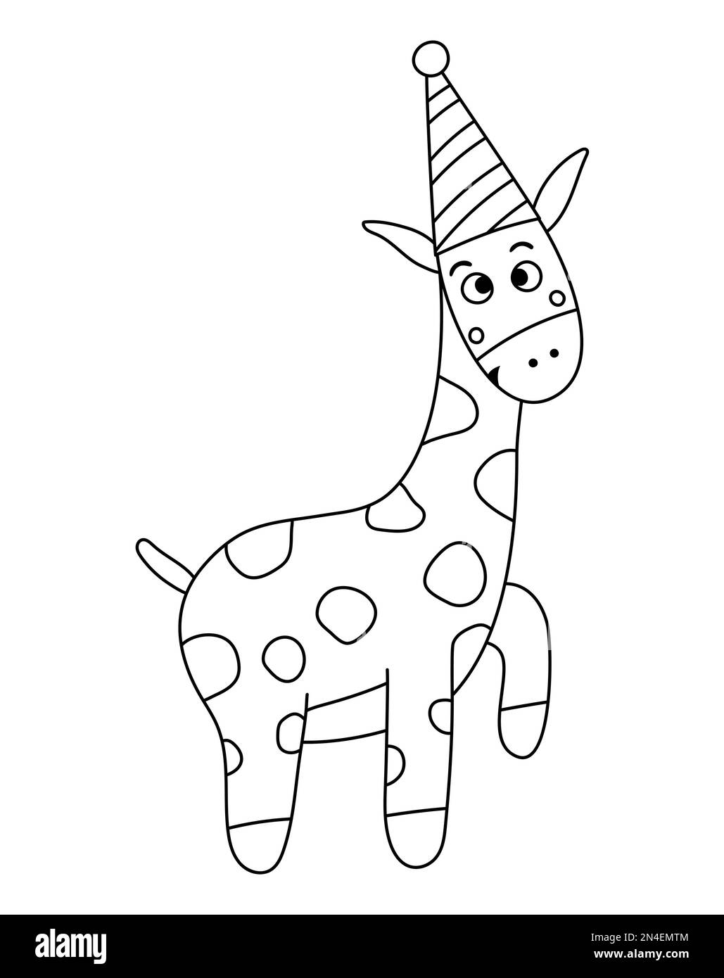 Vector cute black and white giraffe in birthday hat. Funny b-day animal for card, poster, print design. Outline holiday illustration for kids. Cheerfu Stock Vector