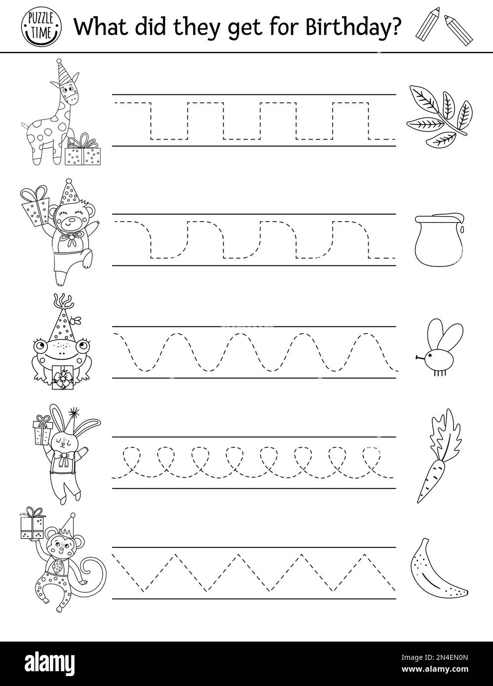 Vector Birthday party handwriting practice worksheet. Holiday printable black and white activity for pre-school children. Educational tracing game for Stock Vector
