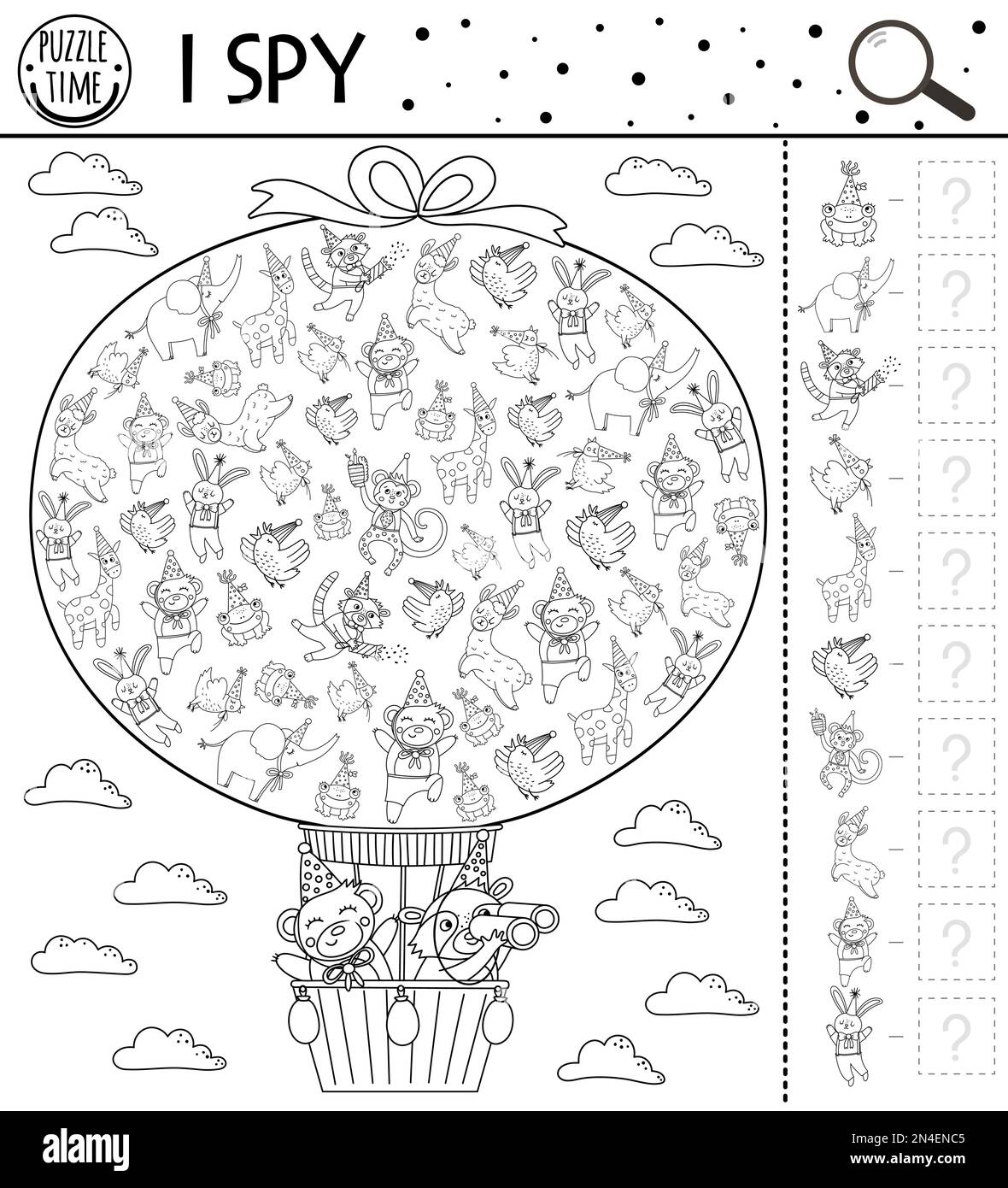 Birthday I spy game for kids. Searching and counting black and white activity for preschool children with cute animals flying in hot air balloon. Funn Stock Vector
