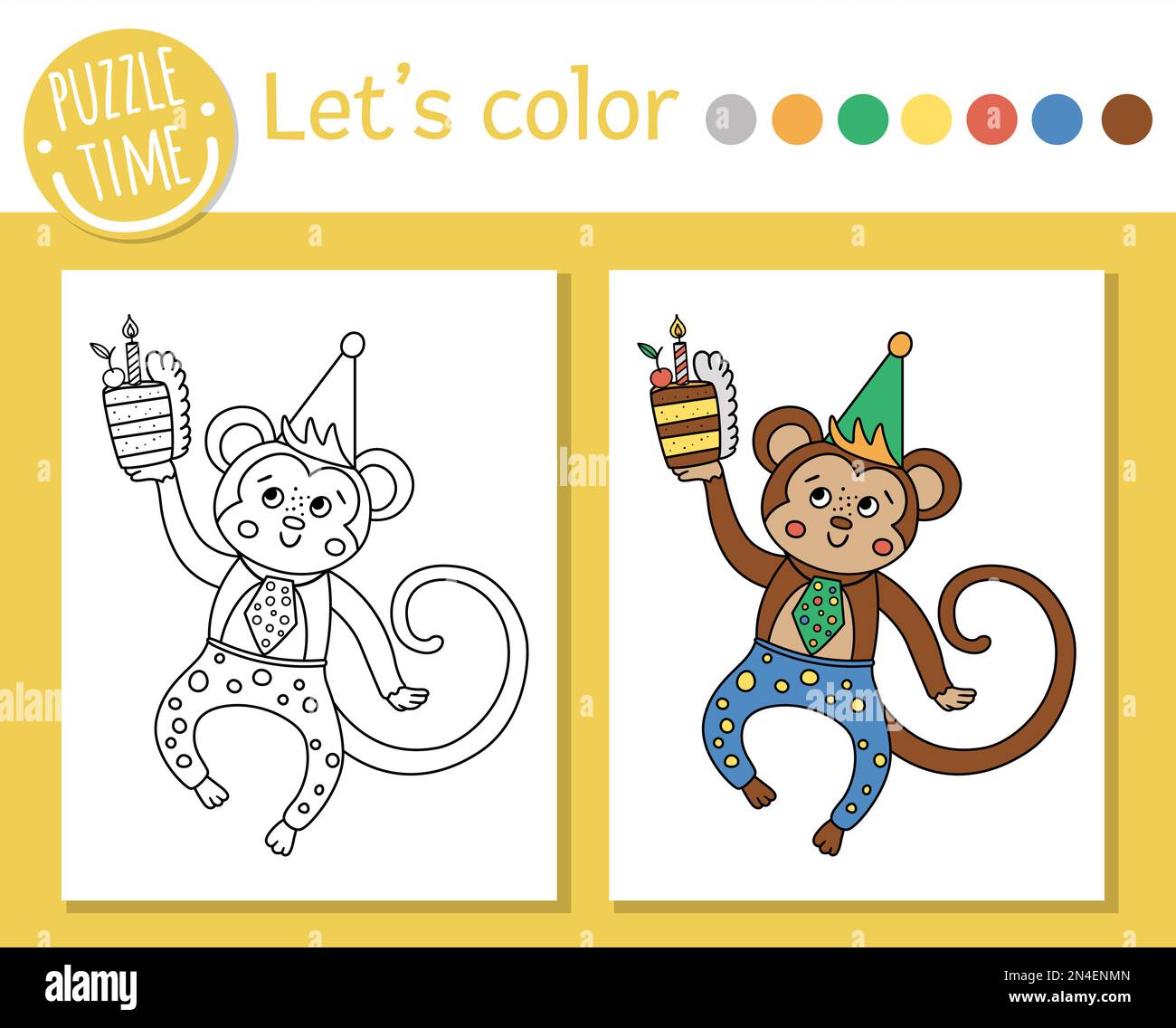 Birthday coloring page for children. Funny monkey in party hat with ...