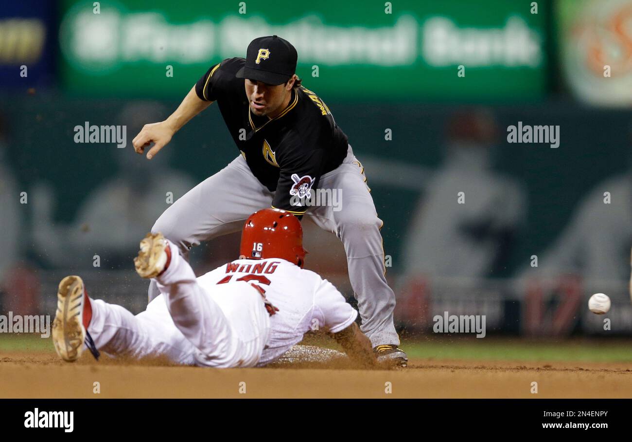 St. Louis Cardinals' Kolten Wong, bottom, is safe at second for a