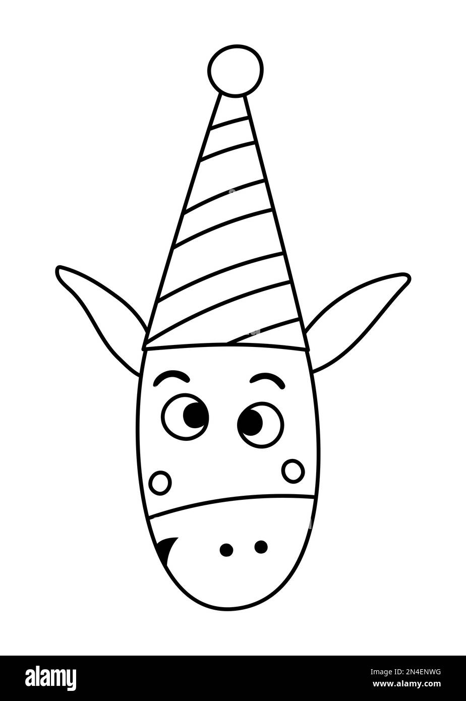 Vector cute black and white giraffe face in party hat. Birthday outline animal avatar. Funny head illustration for kids. Celebration line icon Stock Vector
