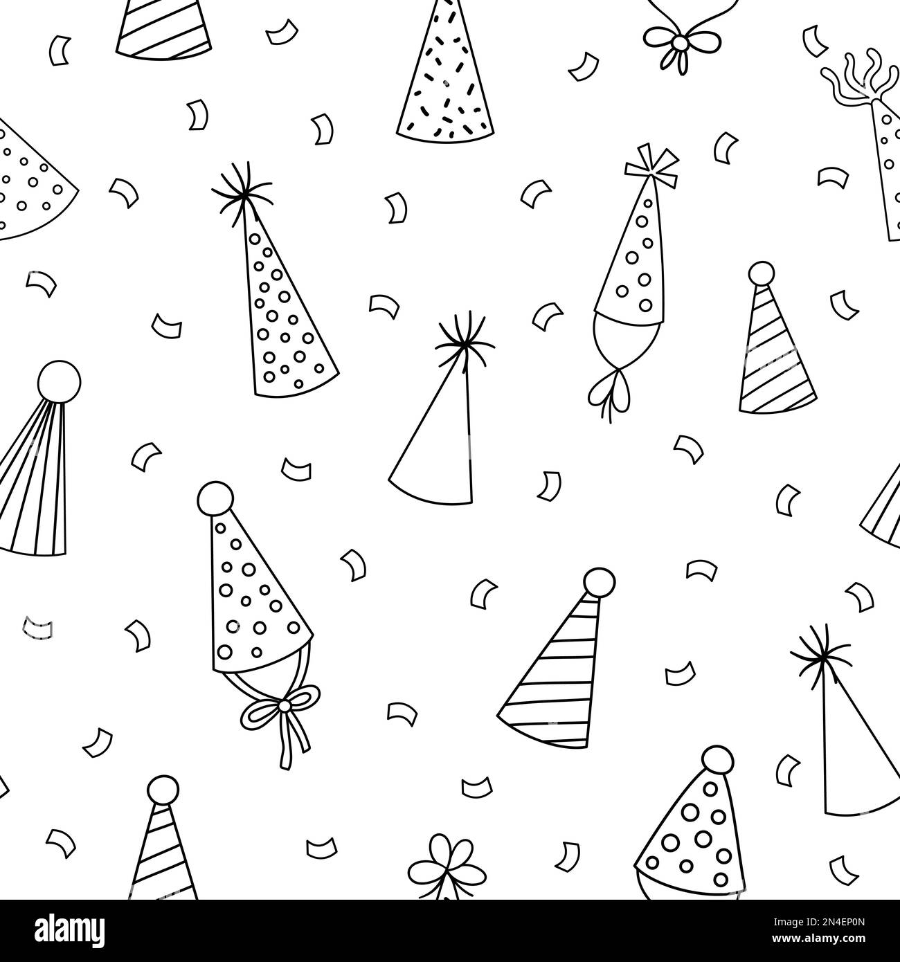 Vector cute black and white seamless pattern with birthday party hats